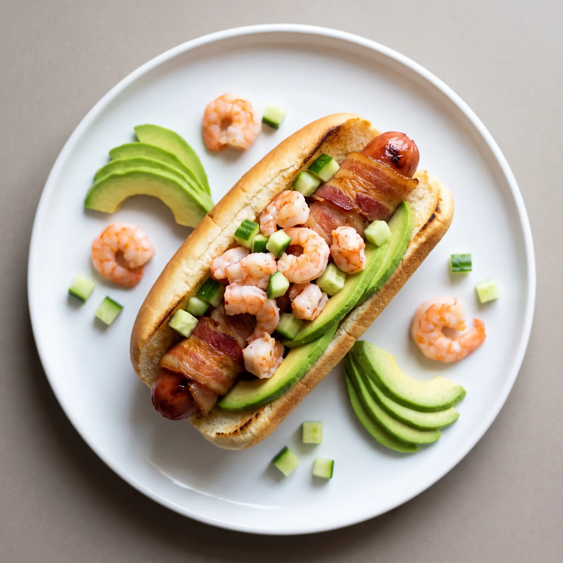 Bacon-wrapped hot dog topped with shrimp, diced cucumber and sliced avocado