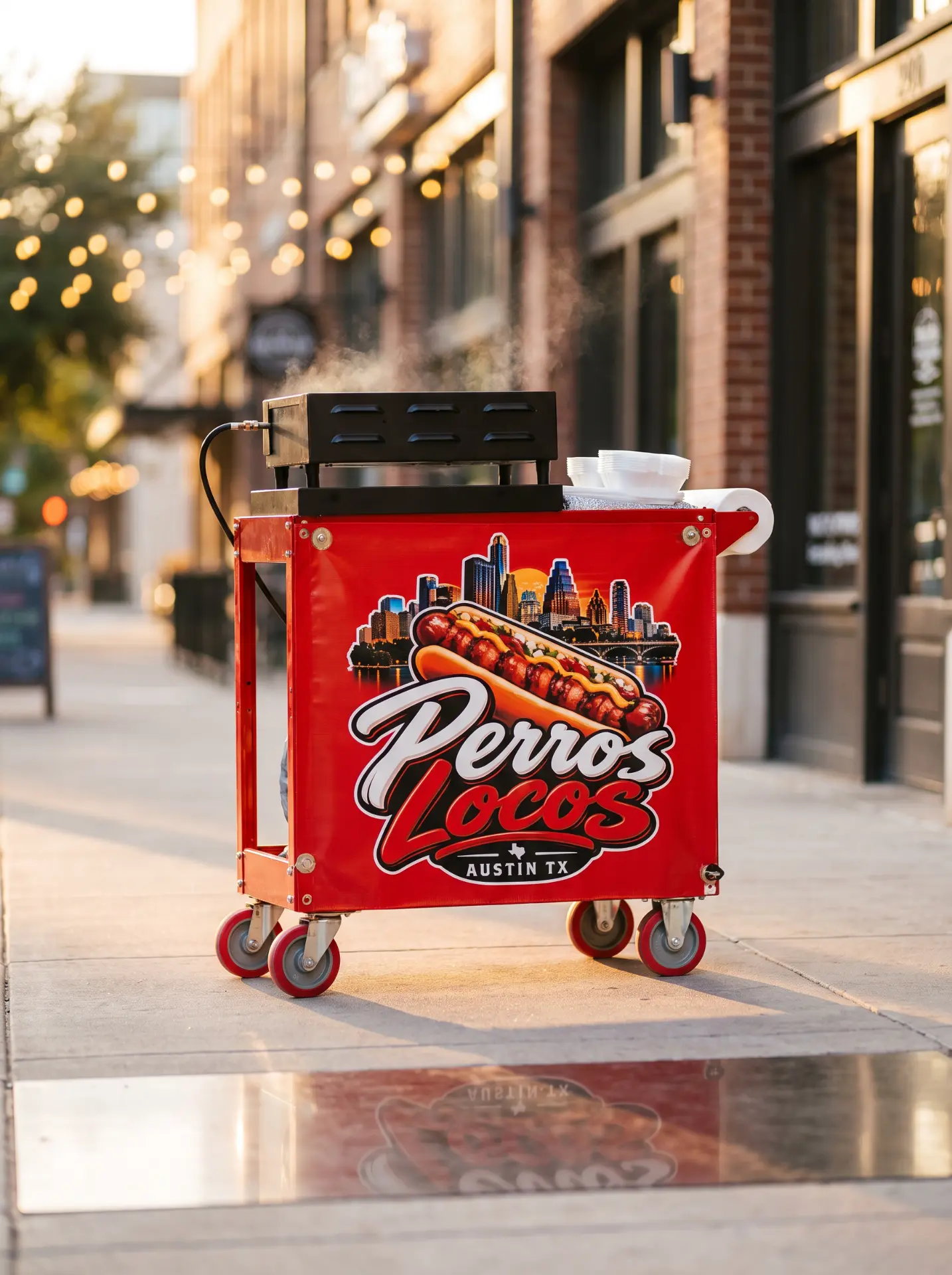 Los Perros Locos red mobile hot dog cart with its original branded banner