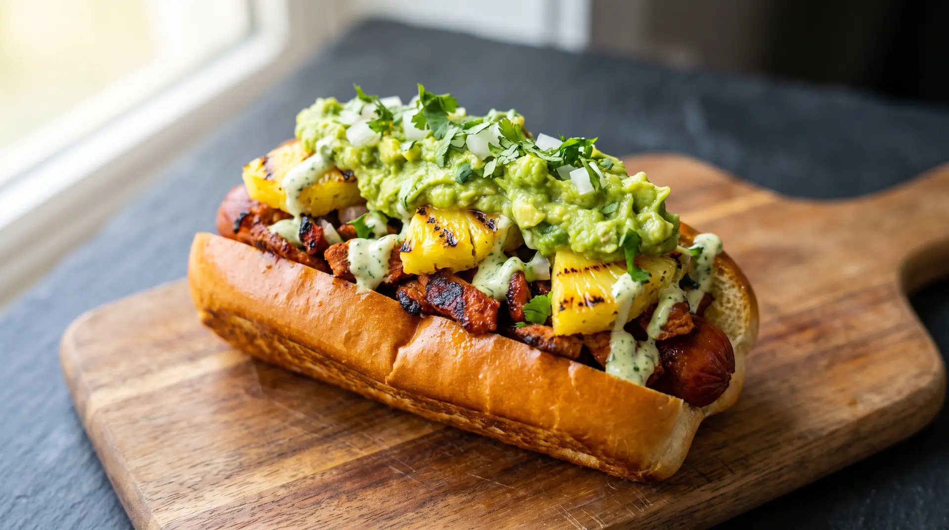 Al pastor hot dog with grilled pineapple, guacamole, cilantro and creamy sauce